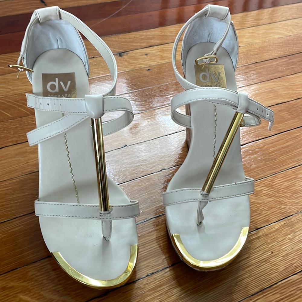 Cream and gold dolce vita strappy wedges